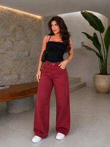 Women's Wide Leg Jeans, High Waist, Tailored Style, Luxurious And Comfortable, Functional Pockets, Shapes The Silhouette, Premium Outfits, New Release, Official BNB Store - 焦紅色 - 查看 1
