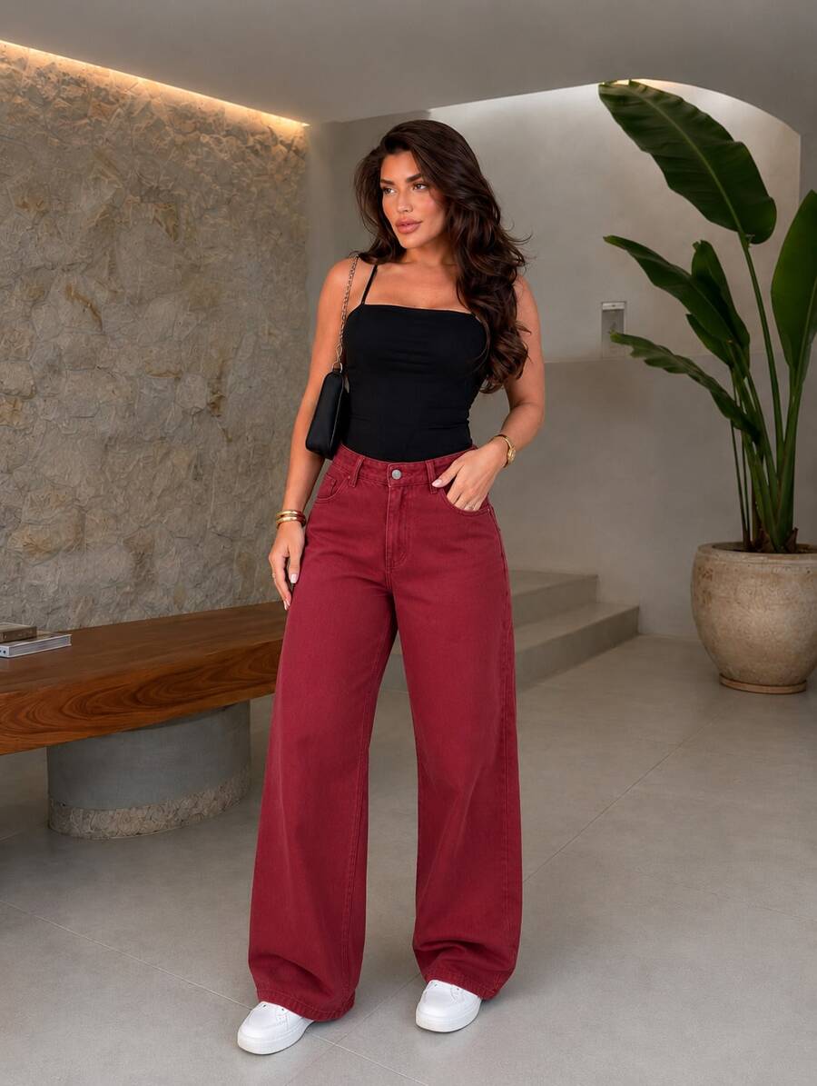 Women's Wide Leg Jeans, High Waist, Tailored Style, Luxurious And Comfortable, Functional Pockets, Shapes The Silhouette, Premium Outfits, New Release, Official BNB Store - 焦紅色 - 查看 1