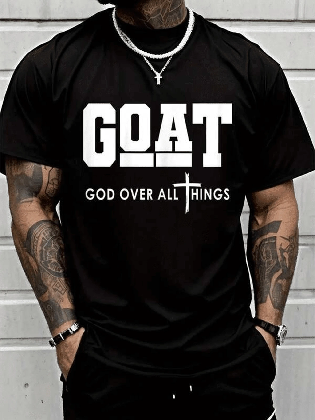 Herren Vintage Rundhals-T-Shirt, 100% Baumwolle, "Ziegen Gott über alles", lustiges christliches Jesus-Motiv, Kurzarm-T-Shirt, für alle Jahreszeiten, - Schwarz - Übersicht 1
