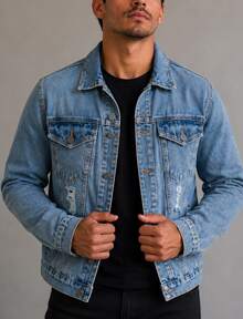 Men's Denim Jacket With Iron-On Button Closure, Medium Wash - Màu xanh lam - Xem 2