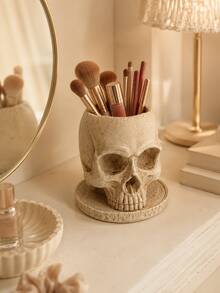 Skull Makeup Brush Holder, Gothic Vanity Organizer, Halloween Desk Decor Cup For Cosmetic Brushes, Eyeliner, Pens, Bathroom Countertop, Dressing Table, Bedroom & Office Decor - Multiple Models - View 7