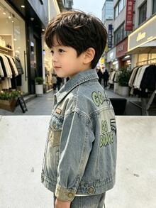 Jaket Denim Longgar Motif Grafiti Blok Warna untuk Balita Laki-laki, Cocok untuk Musim Kembali ke Sekolah, Pakaian Sehari-hari, dan Aktivitas Luar Ruangan - Baby Blue - View 3