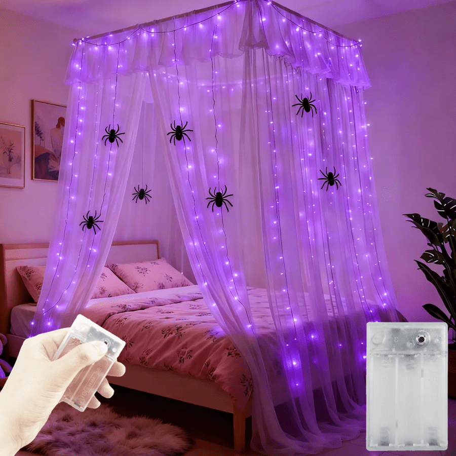 1pc 10x10ft 300 LED Purple Fairy Curtain Lights, 8 Modes, Battery Powered (AA Batteries Not Included), Suitable For Creating Indoor Halloween Horror Atmosphere, Applicable For Home, Bedroom, Wedding, Party, New Year, Christmas, Best For Halloween Party