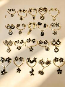 6/12/18/24pcs Black Stainless Steel Earrings And Necklace Set, Decorated With Geometric, Heart And Floral Patterns, Inspired By Middle Eastern Dubai Style, Exuding A Charming Modern Vibe. This Jewelry Set Is Suitable As A Wedding Gift, Party Decoration, New Year Gift Or Seasonal Fashion Accessory. (Randomly Shipped) - Multicolor - View 1