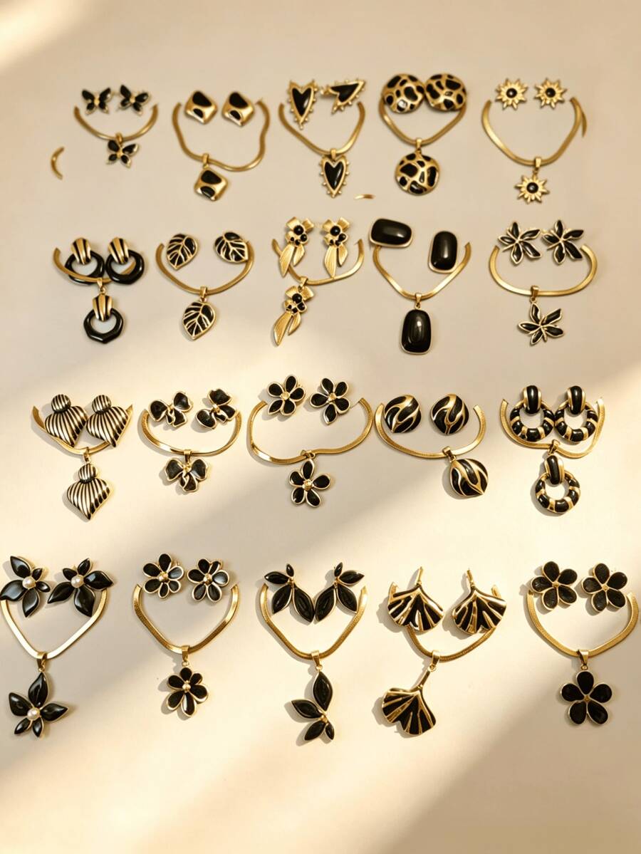 6/12/18/24pcs Black Stainless Steel Earrings And Necklace Set, Decorated With Geometric, Heart And Floral Patterns, Inspired By Middle Eastern Dubai Style, Exuding A Charming Modern Vibe. This Jewelry Set Is Suitable As A Wedding Gift, Party Decoration, New Year Gift Or Seasonal Fashion Accessory. (Randomly Shipped) - Multicolor - View 1
