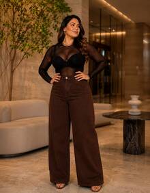 Women's Wide Leg Plus Size Jeans - High Quality - Coffee Brown - View 1