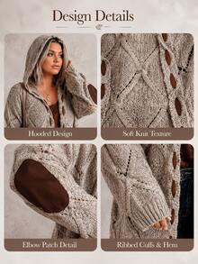 Plus Size Casual Hooded Cardigan With Elbow Patches Knitted Long Sleeve Knee Length Hollow Out Design - Khaki - View 3