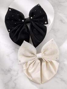1pc Black Satin Bow Hair Clip, Combining Cute And Elegant School Style. Made Of High-Quality Satin. A Thoughtful Valentine's Day Gift, Popular Among Students. Easily Create A Sweet Look. - Black and White Lace - View 3