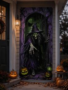 Halloween Witch Door Curtain Backdrop, Purple & Green Scary Witch Pumpkin Print Polyester Vertical Door Banner, High-Definition Printing Lightweight Easy To Hang, Suitable For Entrance Door, Hallway, Haunted House And Halloween Party Decoration - Witch - View 6