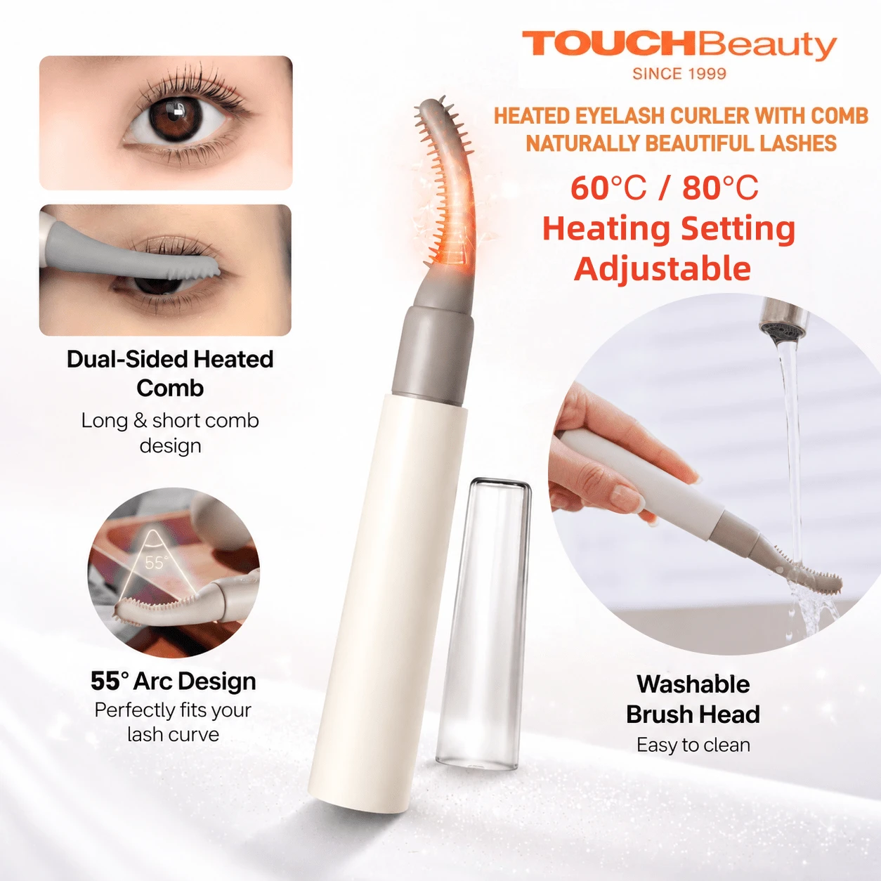 TOUCHBeauty Heated Eyelash Curler With Comb, Suitable For Soft/Short/Long Lashes, Washable Brush Head, Max Temp 80°C For Fast Natural Curl & Long-Lasting, 2 Heat Settings Anti-Scald, Type-C Charging, Gift For Women
