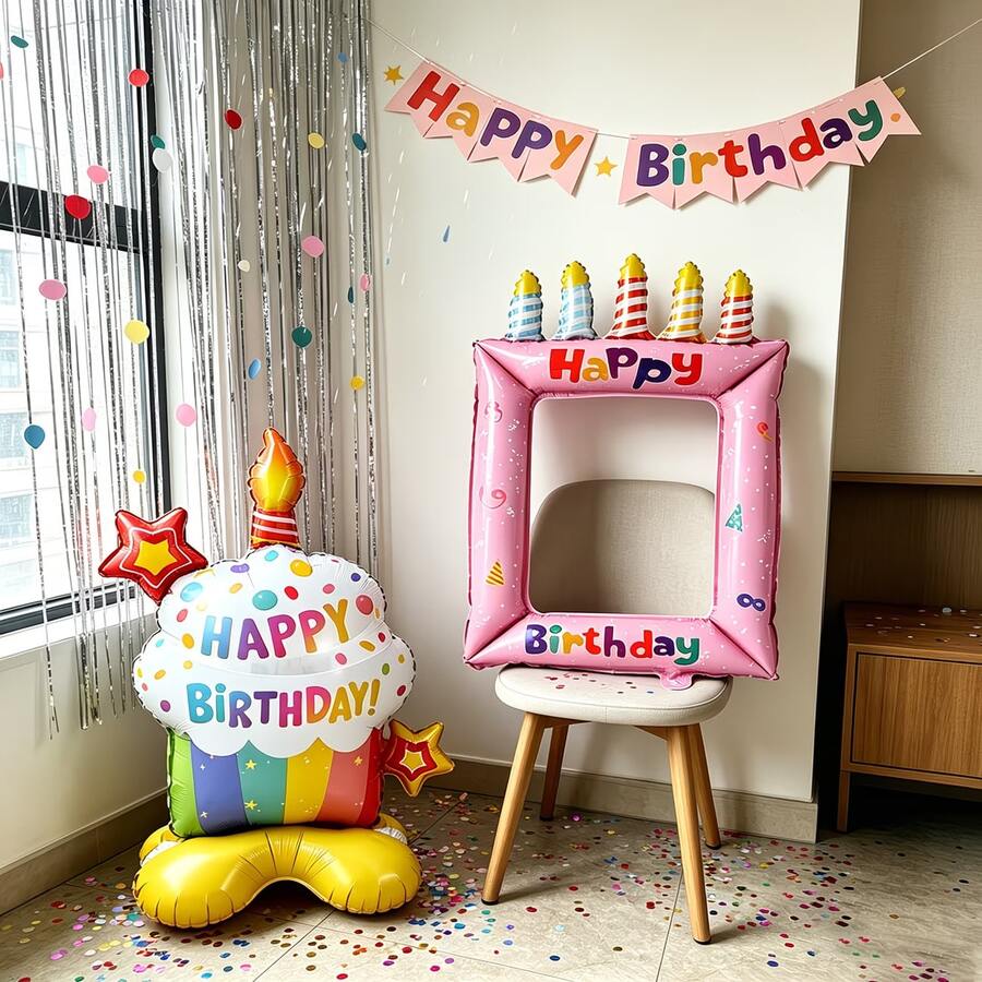 2pcs Pink Candle Cake Photo Frame Balloon Base Paper Cup Birthday Cake Suitable For Birthday Party Decoration - Pink Candle Frame + Colorful Cupcakes - View 1