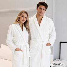 1pc White Plus Size Bathrobe Unisex Bathrobe Lapel Long Robe Solid Color Long Sleeve Loungewear Thick Coral Fleece Soft Absorbent Shower Hotel Pool Spa Couple Pajamas - White - View 5