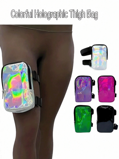 Holographic Colorful Thigh Bag With Adjustable Shoulder Strap And Zipper Closure, Waterproof Phone Pouch, Rainbow Ankle Bag, Unisex, Fitness Outdoor Hiking Cycling Travel Sports Vacation Beach Outdoor Gear Bag, Running Fitness Accessory