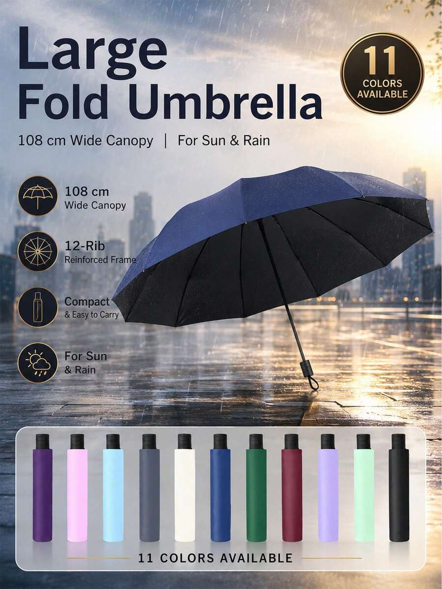 Back To School Season 12-Rib Extra Large Black Windproof Folding Umbrella, Essential For Business And Travel, Suitable For Sunny And Rainy Days, Aluminum Alloy Shaft, Automatic Open/Close, Lightweight, Strong UV Protection, Foldable, Compact And Portable