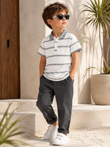 Tween Boy Casual Stylish Textured Colorblock Striped Short Sleeve Polo Shirt, Suitable For Spring/Summer, Back To School, Daily Wear, Vacation - Light Grey - View 4
