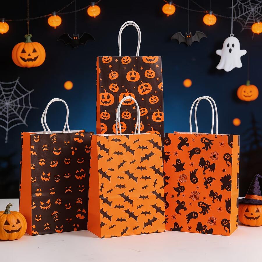 12 piezas Bolsas de regalo de papel kraft de Halloween con asas blancas, patrones de cara de calabaza, murciélago, fantasma, telaraña, bolsas de regalo de Halloween naranja y negro, adecuadas para la actividad "Truco o " de los niños, fiesta de aula, bolsas de papel con asa de cuerda con estampado de cara de calabaza y murciélago fantasma, bolsas de regalo pequeñas con forma de linterna, bolsas de regalo pequeñas de Halloween con fantasma, murciélago y araña, bolsas de regalo pequeñas para fiesta de aula de niños, bolsas de regalo de vacaciones naranja y negro - Ver 1