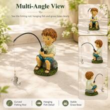 1pc Fishing Boy Resin Figurine, Indoor Outdoor Garden Yard Balcony Decor, Cute Desktop Ornament - A - View 4
