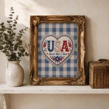 1pc Vintage Wall Art Poster, Patriotic American Wall Art Decor | Vintage Blue And White Plaid Pattern With Lace Trim Design, Framed Or Unframed, Room/Home Decor, Living Room, Bedroom, Bathroom Or Office Wall Decor Gift - A - View 2