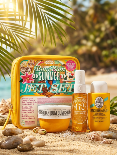 Sol de Janeiro Bum Bum Jet 3 Pcs Set (Cream 50ml+Shower Cream Gel 90ml+Body Mist 30ml) Unisex Mini Set 1.7oz/50ml+3oz/90ml+1oz/30ml – Skincare, Firming, For Travelers, Pistachio, Yellow, Guarana Extract, Suitable For Air Travel