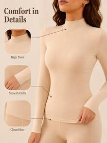 Women's Ultra-Thin Warm High Neck Long Sleeve Base Layer, Second Skin Soft Elastic Lightweight, Autumn/Winter Warm Inner Layer Top - Apricot - View 5