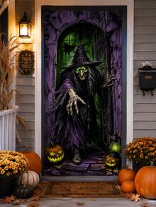 Halloween Witch Door Curtain Backdrop, Purple & Green Scary Witch Pumpkin Print Polyester Vertical Door Banner, High-Definition Printing Lightweight Easy To Hang, Suitable For Entrance Door, Hallway, Haunted House And Halloween Party Decoration - Witch - View 4