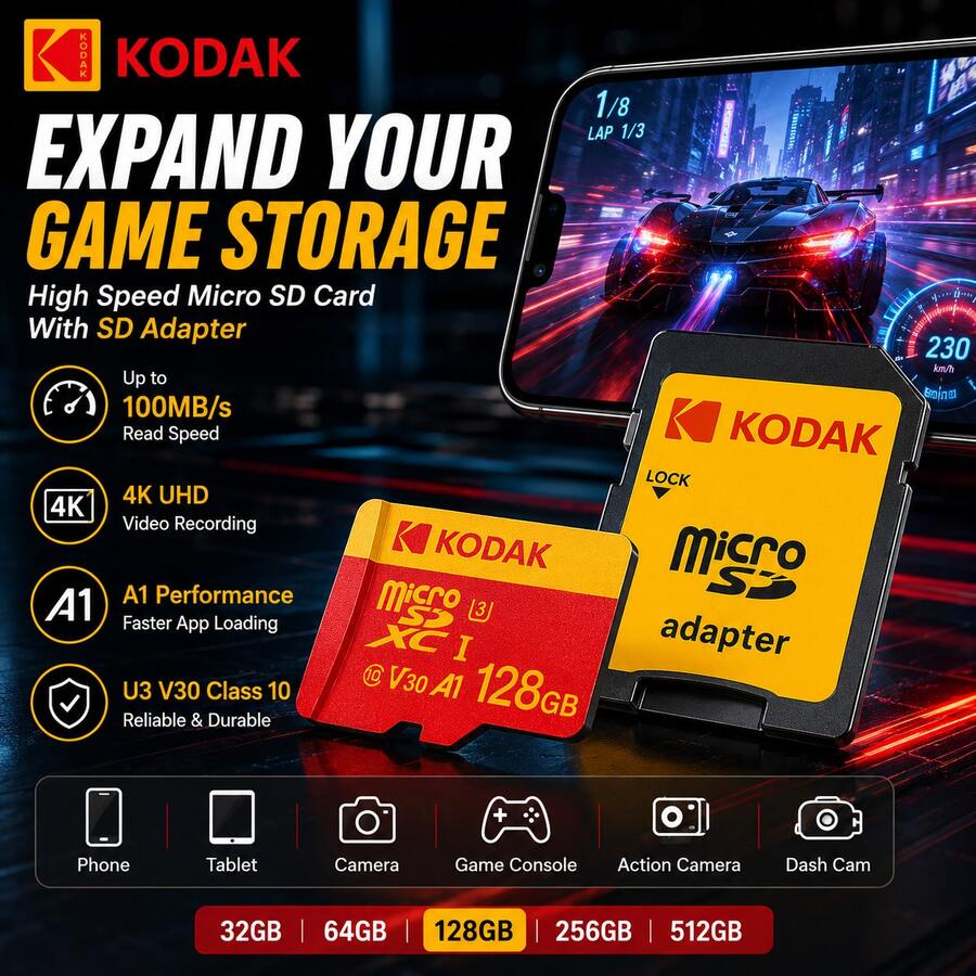 Kodak 原廠 Micro SD 記憶卡 32GB 64GB 128GB 高速 MicroSDXC TF 記憶卡附 SD 轉接卡，Class 10 U3 V30 A1 最高 100MB/S，4K 影片儲存卡，適用於智慧型手機、相機、遊戲機、運動攝影機和監控攝影機