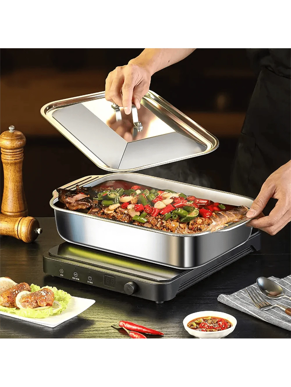 1pc Square Stainless Steel Baking Pan With Lid, Rectangular Roasting Pan, Non-Stick Thickened Double Handle, Perfect For Grilling, Roasting Fish, Desserts And Bread, Essential Tool For Home Cooking And Food Stalls