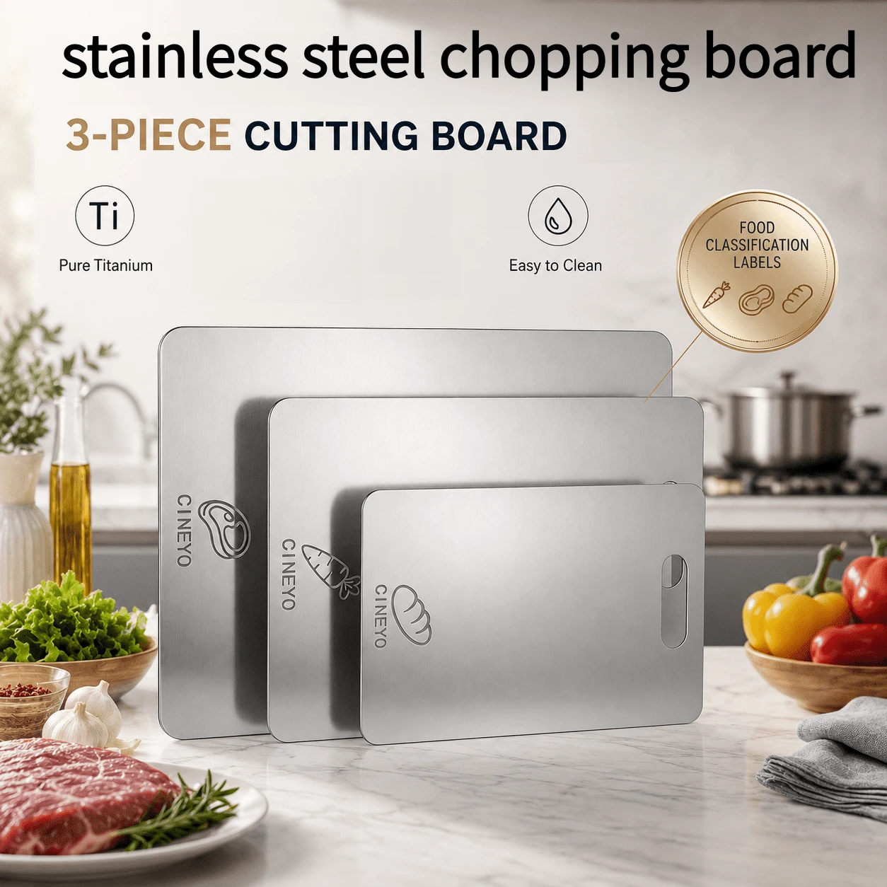 CINEYO 3 PiecesStainless Steel Cutting Board Set, Cutting Boards With Meat, Vegetable, And Bread Icons, Lightweight Non-Slip Kitchen Cutting Mats Suitable For Meat, Vegetables, And Bread, Easy To Clean, Dishwasher . - Silver - View 1