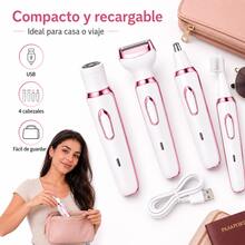 Afeitadora eléctrica 4 en 1 para mujer: depilación corporal completa, recorta el vello facial, de las cejas y de la zona del bikini. Tamaño compacto y portátil con batería de larga duración. Imprescindible para viajar y conseguir una piel suave en casa, en la escuela o de vacaciones. - Rosa - Ver 4