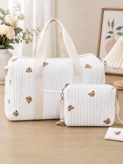 New Embroidered Travel Bag & Elegant Quilted Mommy Bag | Featuring Dual Handle Design And Multi-Functional Storage Pockets, Boston Style Diaper Bag