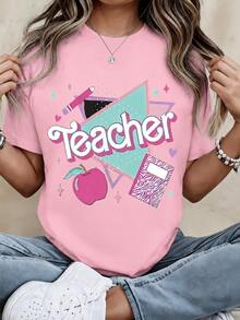 Back To School Outfits,Women Clothing Teacher T Shirt White Teacher Text Apple And Notebook Print Casual Wear For Women School 100%Cotton - Pink - View 1