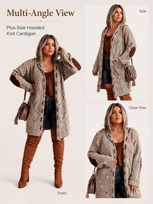 Plus Size Casual Hooded Cardigan With Elbow Patches Knitted Long Sleeve Knee Length Hollow Out Design - Khaki - View 2