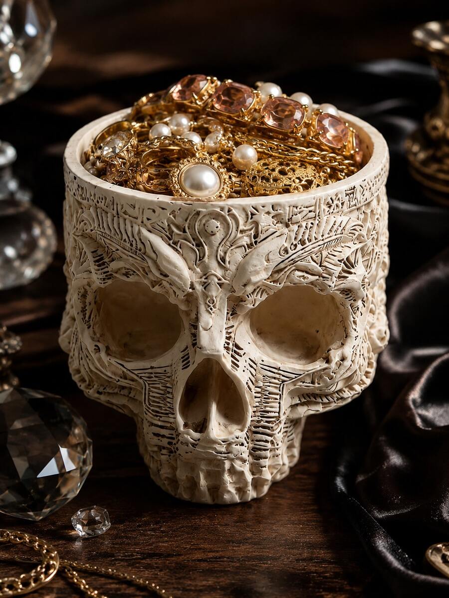 Caja de almacenamiento de joyas de resina con estilo gótico, bandeja de joyas con calavera vintage, organizador de escritorio, adecuado para anillos, pendientes, collares, llaves, tocador, dormitorio, entrada, estantería, dormitorio, decoración de fiesta de Halloween, regalo de decoración del hogar bohemio gótico, adecuado para mujeres y niñas - nuevo producto - Ver 1
