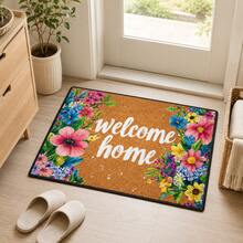 1pc Pastoral Floral WELCOME HOME Printed Doormat - Suitable For Home Entryway, Bathroom, Kitchen, Bedroom Decor, Can Be Used As Bedside Mat, Door Mat, Holiday Gift - Black - View 1