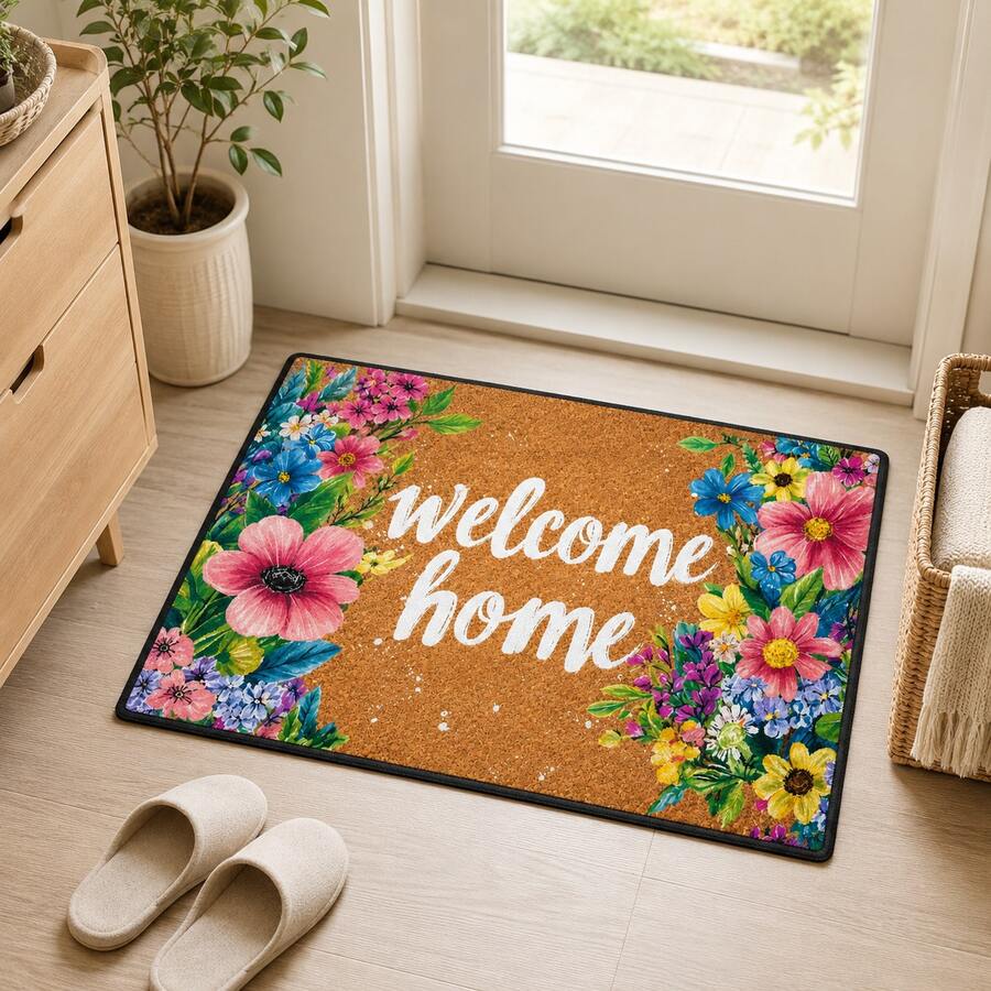 1pc Pastoral Floral WELCOME HOME Printed Doormat - Suitable For Home Entryway, Bathroom, Kitchen, Bedroom Decor, Can Be Used As Bedside Mat, Door Mat, Holiday Gift - Black - View 1