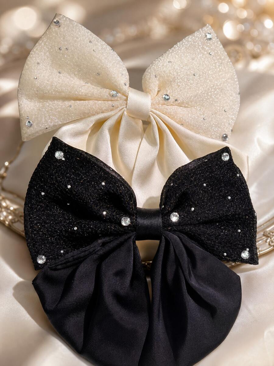 1pc Black Satin Bow Hair Clip, Combining Cute And Elegant School Style. Made Of High-Quality Satin. A Thoughtful Valentine's Day Gift, Popular Among Students. Easily Create A Sweet Look. - Black and White Lace - View 1