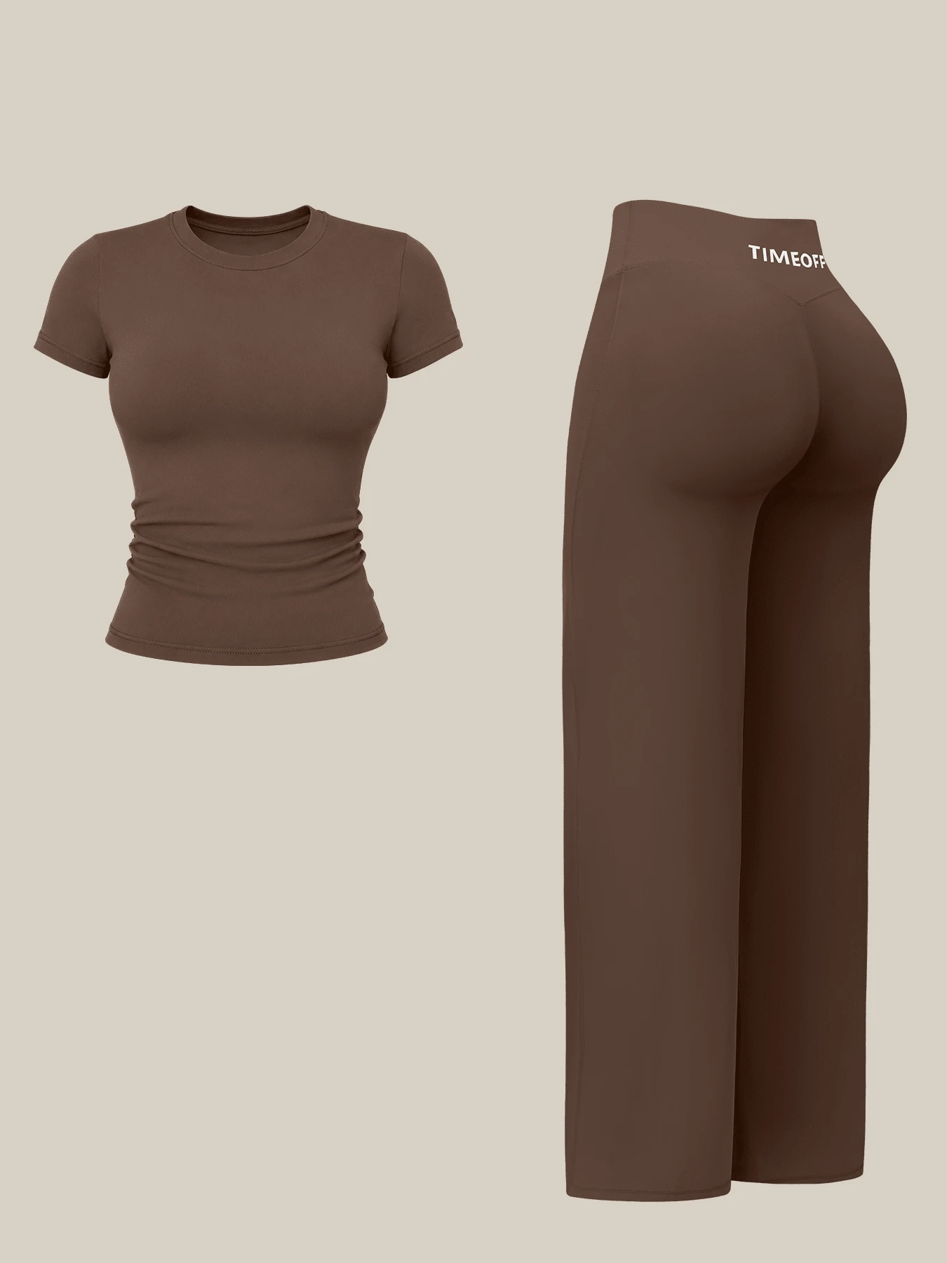 TimeOff Women's One Set Solid Color Fitted Round Neck Short Sleeve Top With Letter Print And Straight Leg Pants Sports Set - Mocha Brown - View 1