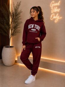 Girls' 2-Piece Thermal Fleece Set (Sizes 8-14) With Hood And Jogger Pants - 酒紅色 - 查看 1