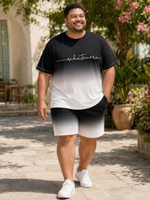 Plus Size Men's Casual Home Set Black & White Gradient Letter Print T-Shirt And Bermuda Shorts - Multicolor - View 5