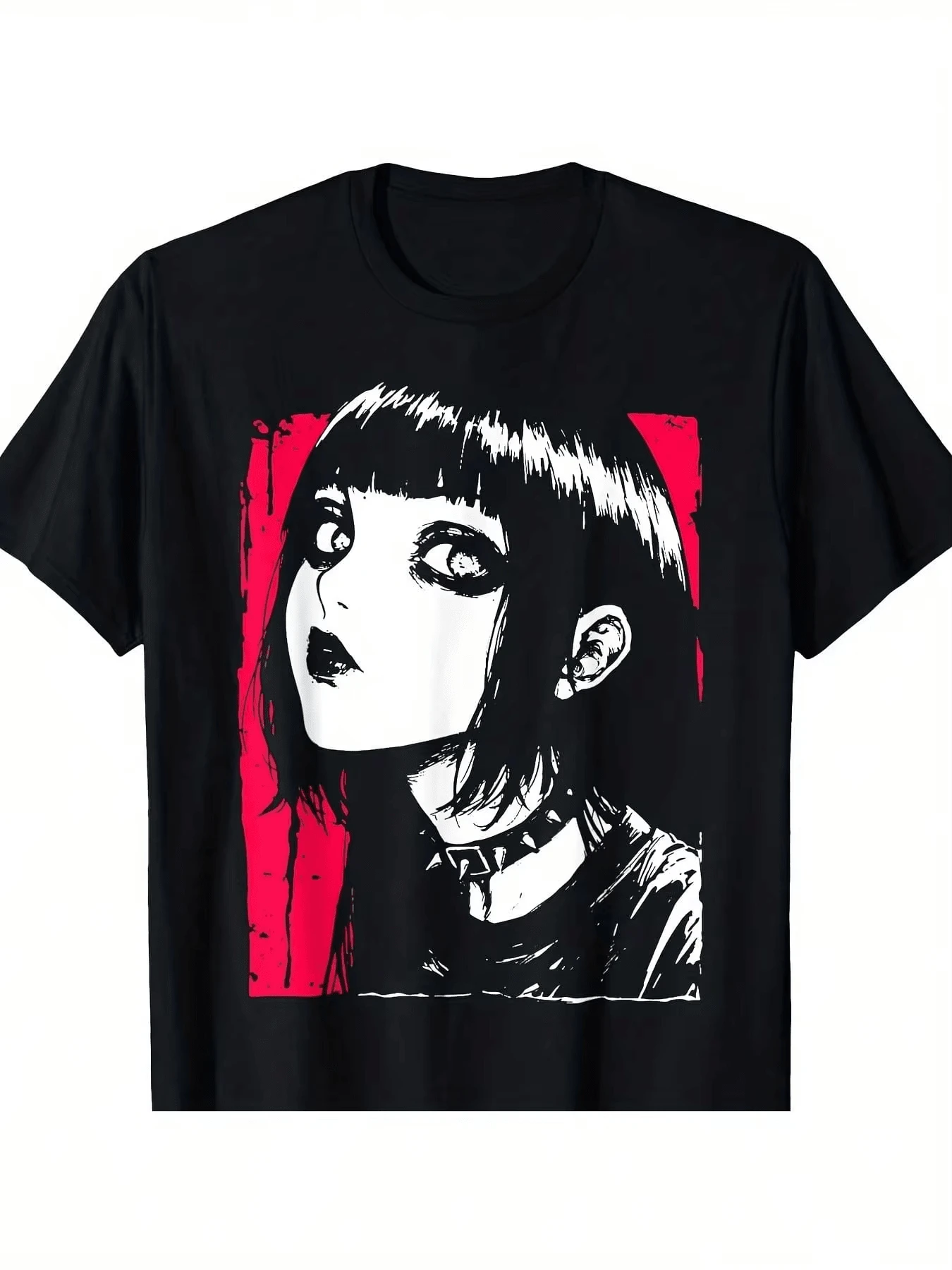 1 pezzo di T-shirt da uomo 100% cotone, design unico gotico punk kawaii, top a maniche corte per donna, elegante per l'aeroporto, le vacanze. - nero - Visualizzare 1