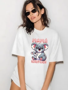 Oversized Women Short Sleeve Crew Neck Tee, Koala Mom "Koalificada" Print Loose Comfort Top For All Seasons - 白色 - 查看 5