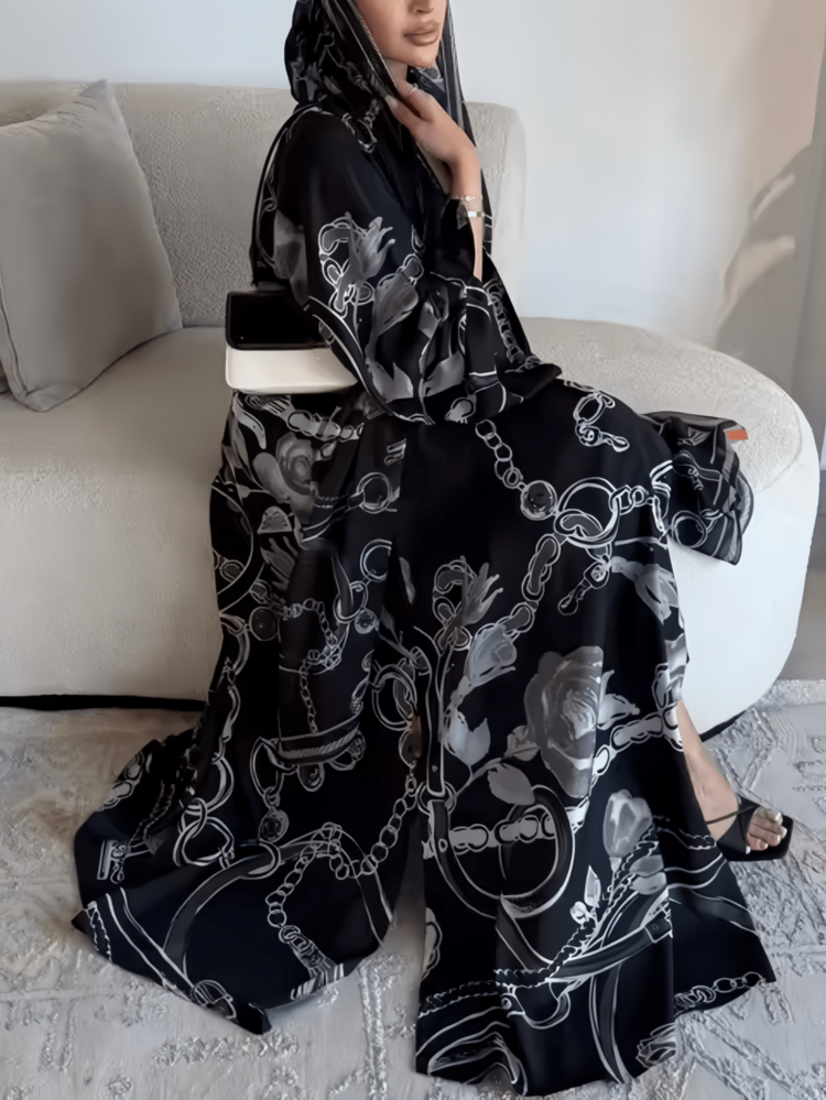2件套花卉印花開襟長袍配對希賈布，女性日常穿著端莊伊斯蘭服飾 - 彩色 - 查看 3