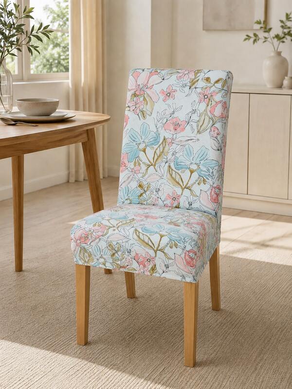 1/4/6pcs Printed Milk Silk High Back Chair Covers, Pink & Blue Floral Pattern, Modern Style Polyester Fiber Elastic Dust-Proof All-Season One-Piece Removable & Washable Living Room Dining Room Bedroom Home Chair Covers