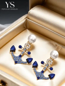 1 Pair Rhinestone Embellished Anchor Design Earrings For Women, Delicate Chic Style Personalized Earrings For Daily Casual Wear - Blue - View 1
