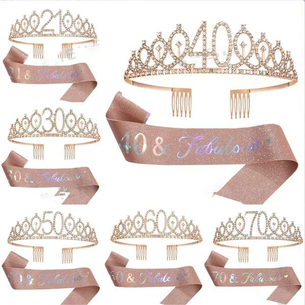 2 Pieces Set, 21st, 30th, 40th, 50th, 60th, 70th Birthday Sash Crown Headpiece, Women's, Happy Birthday Sash, 21st, 30th, 40th, 50th, 60th, 70th Birthday Party Gifts And Decorations