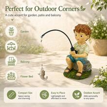 1pc Fishing Boy Resin Figurine, Indoor Outdoor Garden Yard Balcony Decor, Cute Desktop Ornament - A - View 3