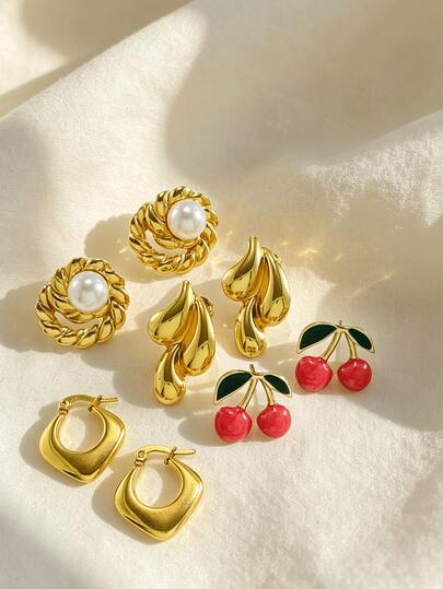 Conjunto de brincos femininos em aço inoxidável dourado, brincos de cereja rosa com esmalte dourado, brincos de pérola redondos geométricos elegantes, brincos clássicos em forma de lágrima, brincos vintage em forma de coração, brincos de praia, adequados para deslocações diárias, casamento, diferentes ocasiões, acessórios de joias para festa, presente