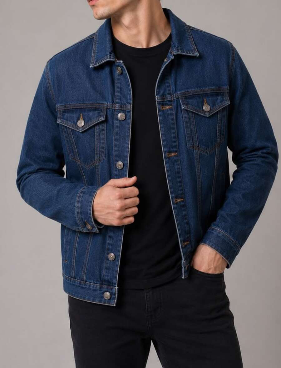 Men's Denim Jacket With Iron Button Closure - 靛藍 - 查看 1