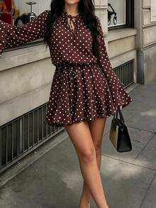 Women's Spring Autumn Summer Polka Dot V-Neck Long Sleeve Ruffle Tie Bodycon Dress Elegant Vacation - Coffee Brown - View 1