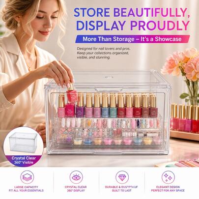Caja de almacenamiento transparente y apilable para decoración de uñas con tapa frontal extraíble de fácil uso. Caja de gran capacidad para esmaltes acrílicos, frascos de gel, pegatinas para uñas y decoraciones de pedrería. Mesa de trabajo transparente a prueba de polvo para salón de uñas.